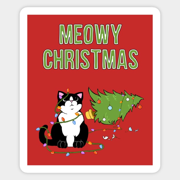 Meowy Christmas Tuxedo Cat Knocked Over Tree Sticker by xenotransplant